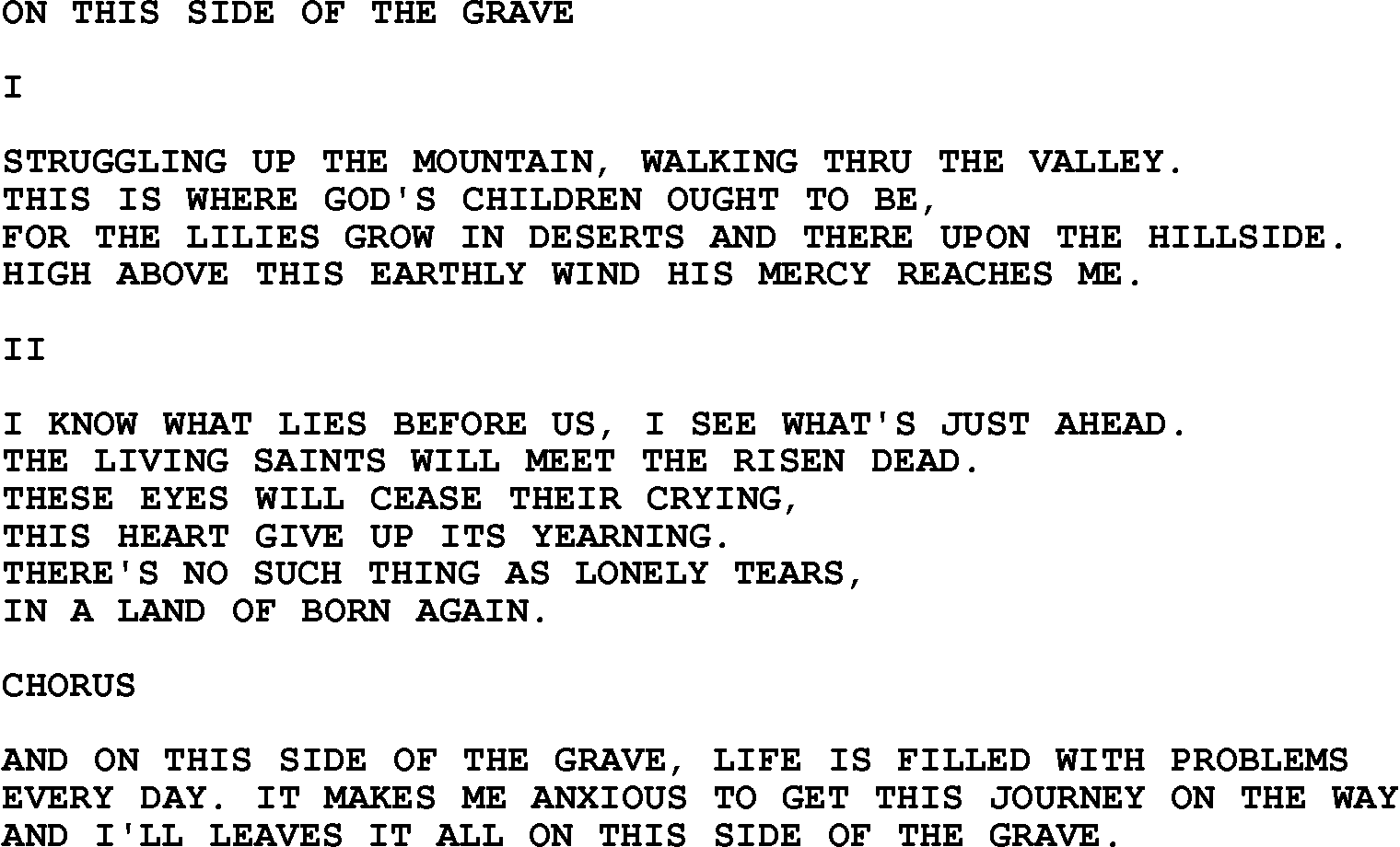 Country, Southern and Bluegrass Gospel Song On This Side Of The Grave lyrics 