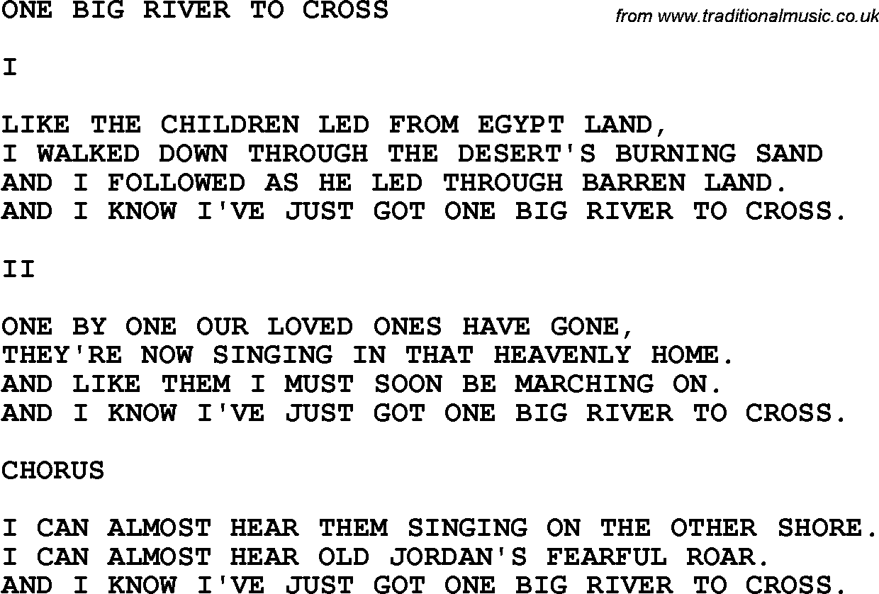 Country, Southern and Bluegrass Gospel Song One Big River To Cross lyrics 