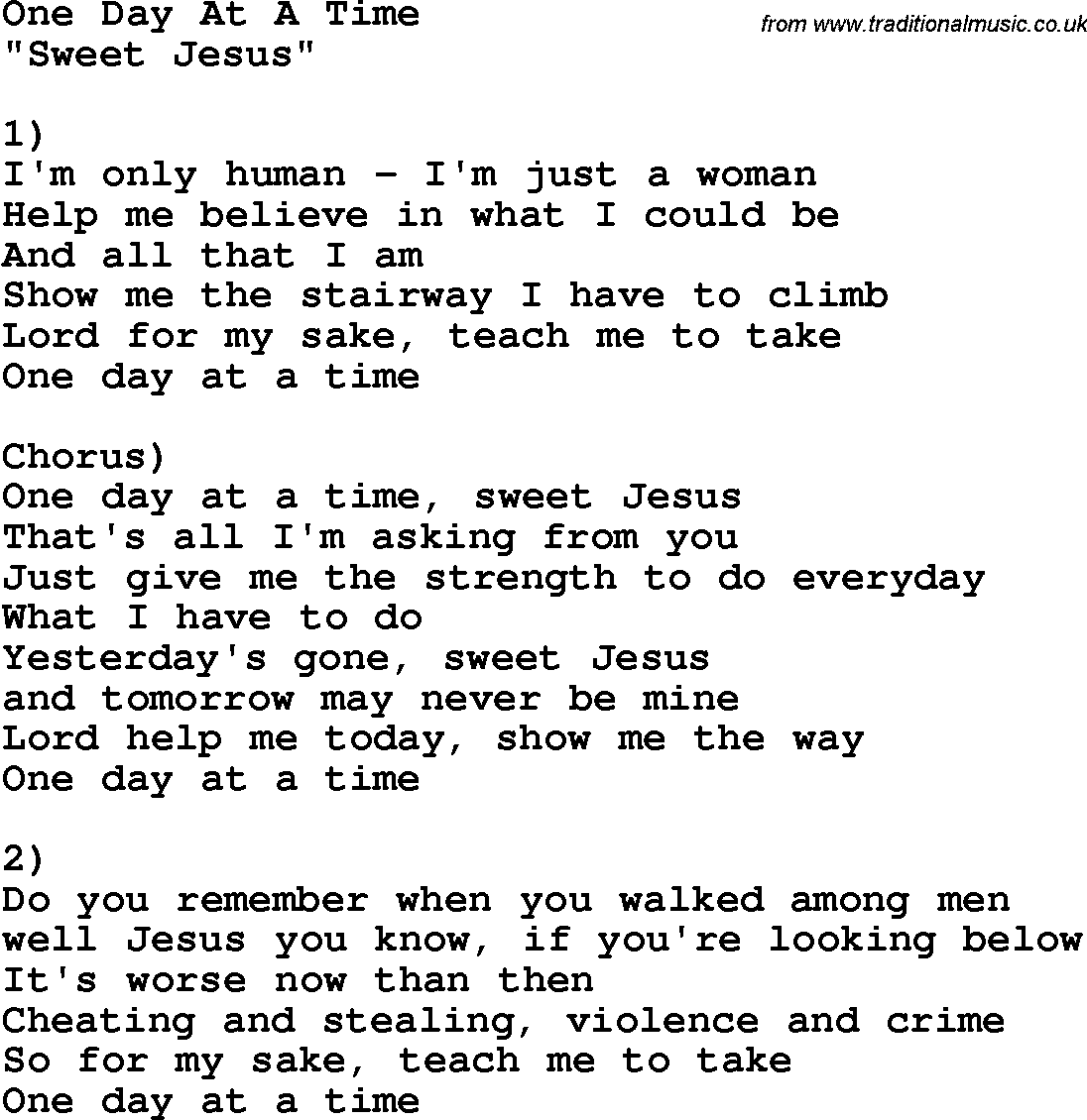 Country, Southern and Bluegrass Gospel Song One Day At A Time lyrics 