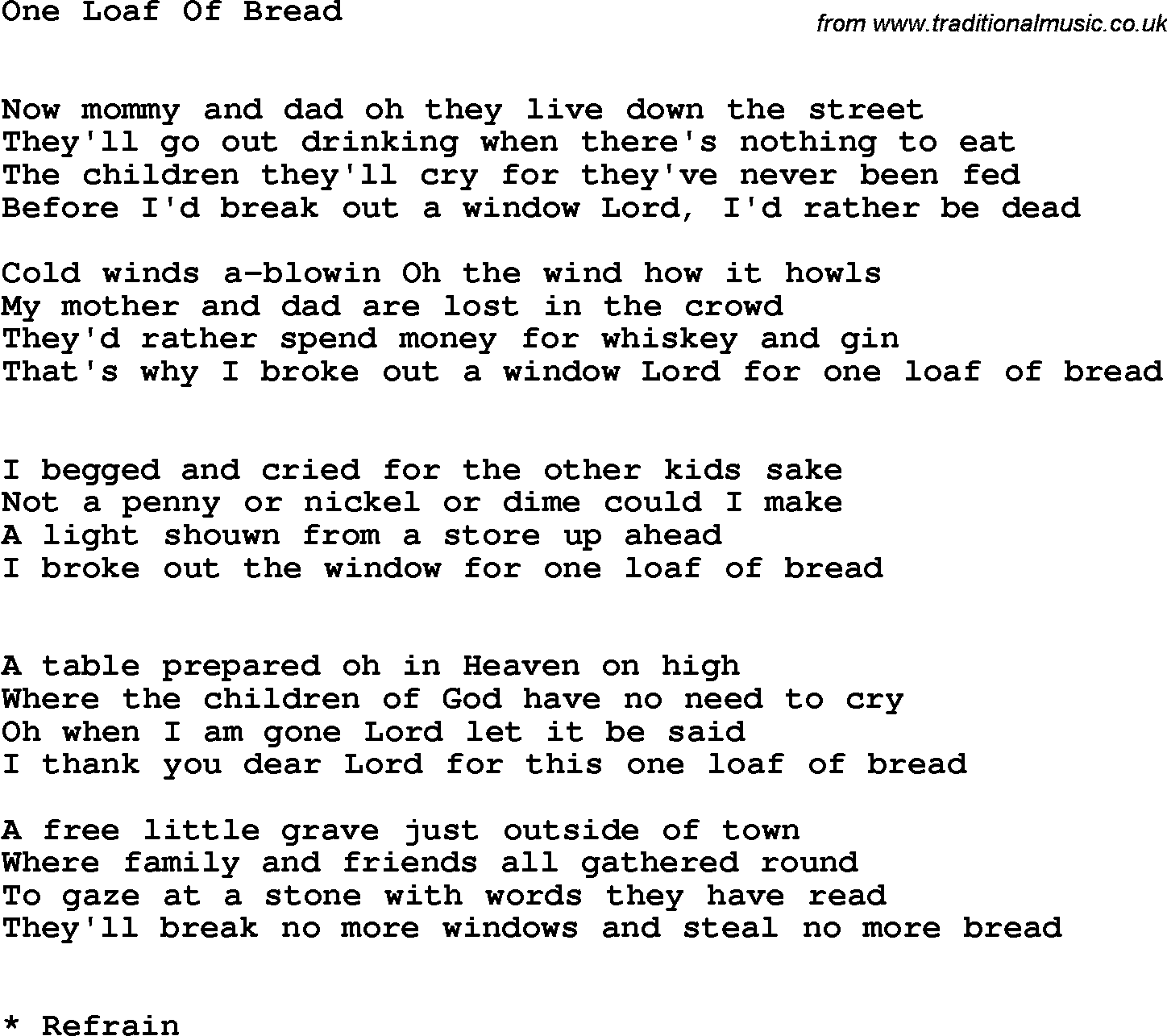 Country, Southern and Bluegrass Gospel Song One Loaf Of Bread lyrics 