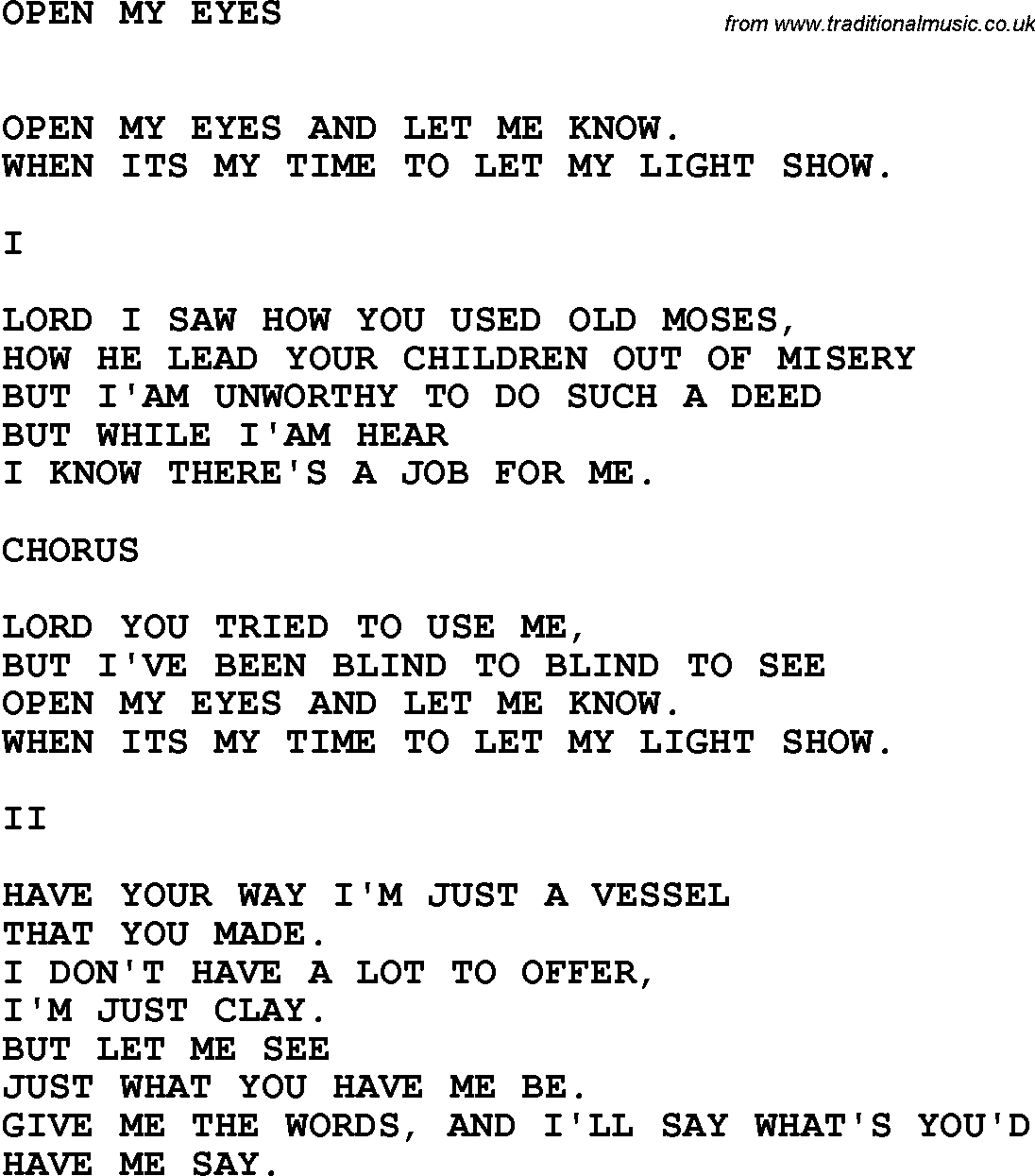 Country, Southern and Bluegrass Gospel Song Open My Eyes lyrics 