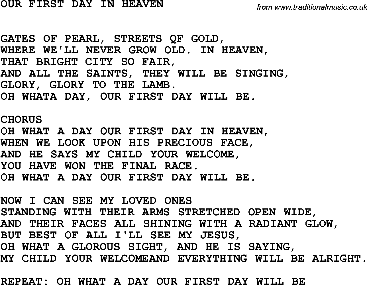 Country, Southern and Bluegrass Gospel Song Our First Day In Heaven lyrics 