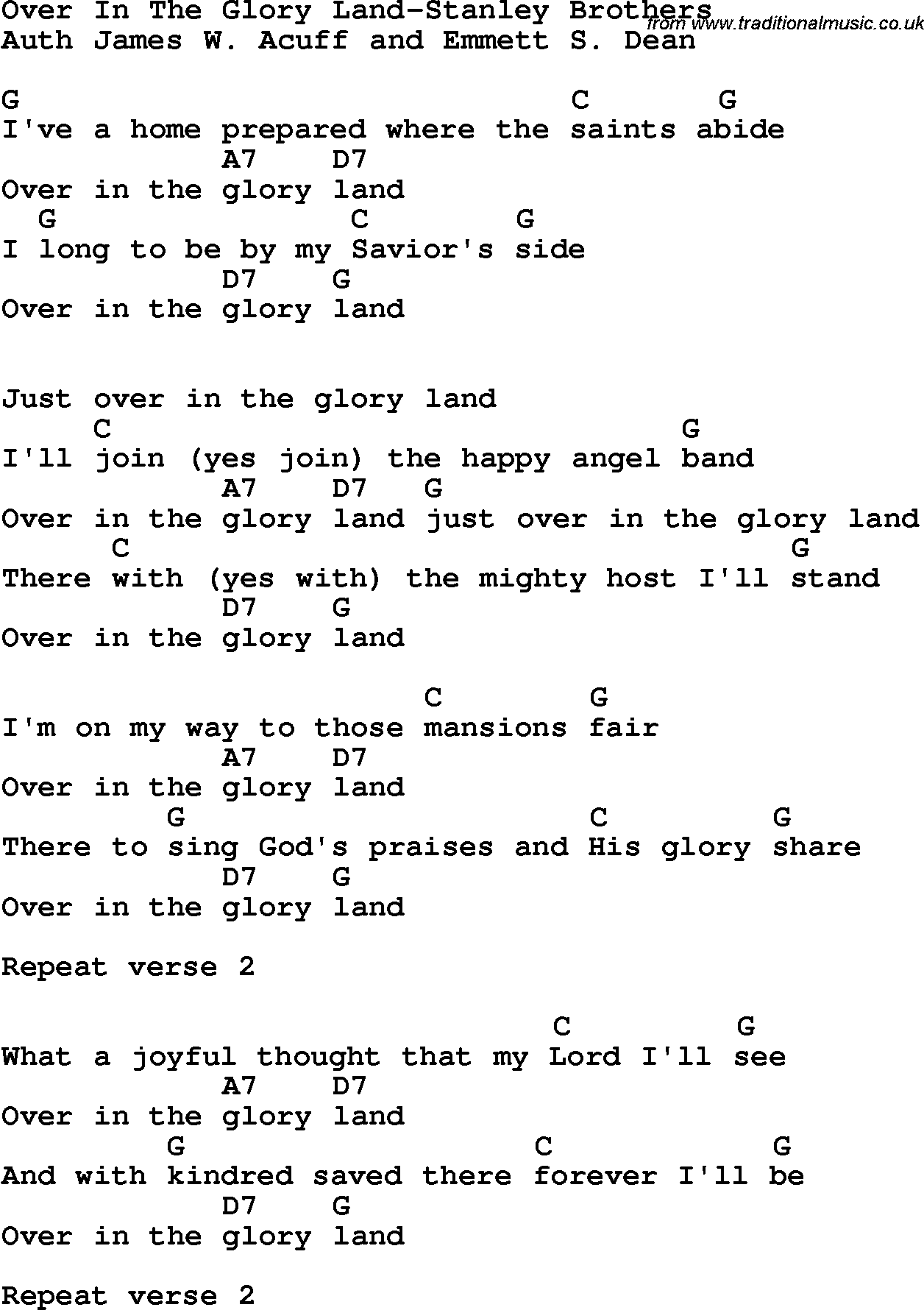 Country, Southern and Bluegrass Gospel Song Over In The Glory Land-Stanley Brothers lyrics and chords