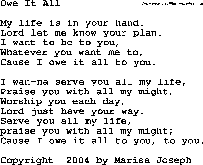 Country, Southern and Bluegrass Gospel Song Owe It All lyrics 