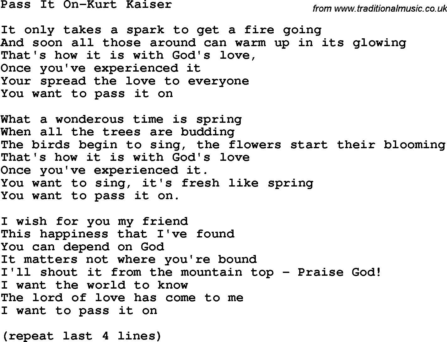 Country, Southern and Bluegrass Gospel Song Pass It On-Kurt Kaiser lyrics 