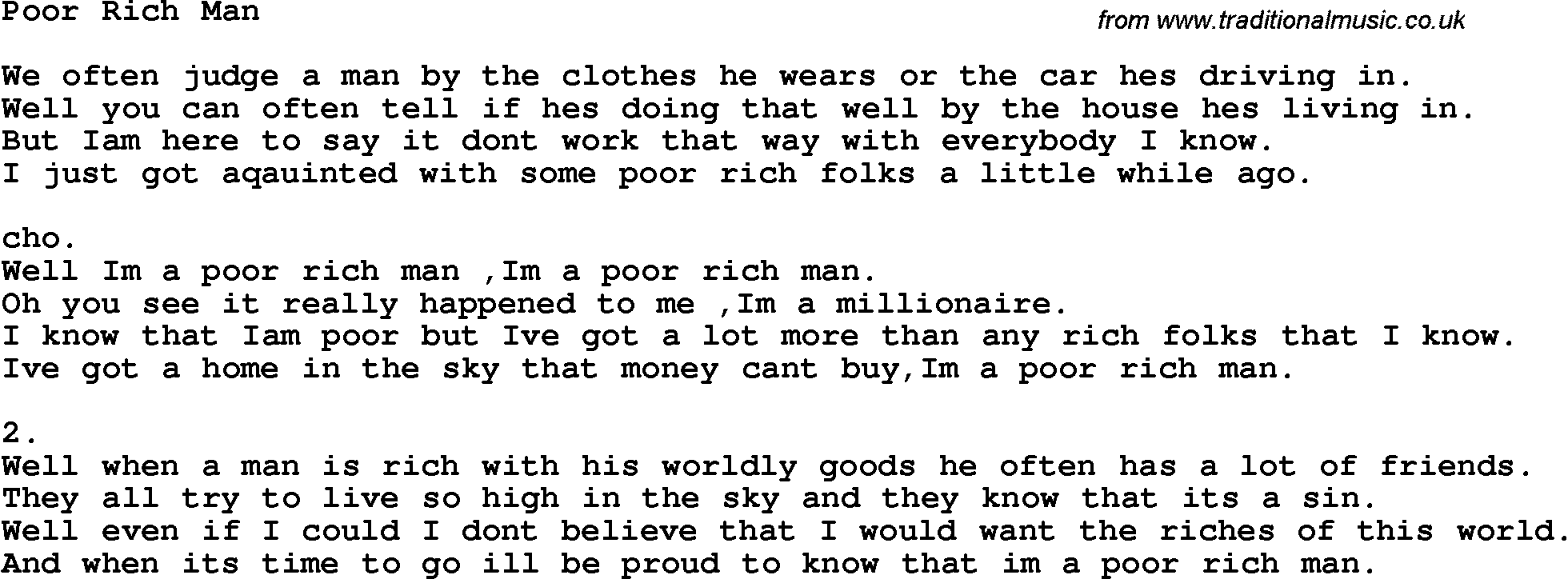 Country, Southern and Bluegrass Gospel Song Poor Rich Man lyrics 