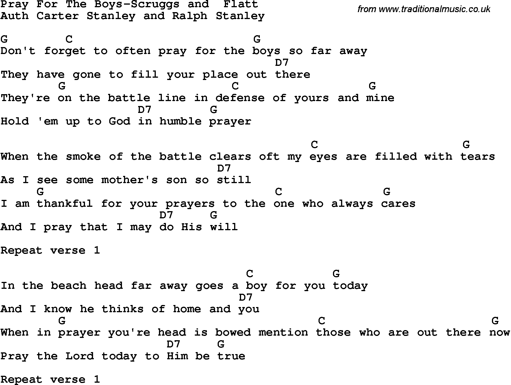 Country, Southern and Bluegrass Gospel Song Pray For The Boys-Scruggs and Flatt lyrics and chords