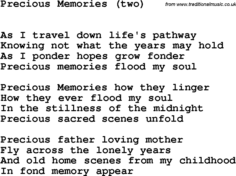 Country, Southern and Bluegrass Gospel Song Precious Memories (Two) lyrics 