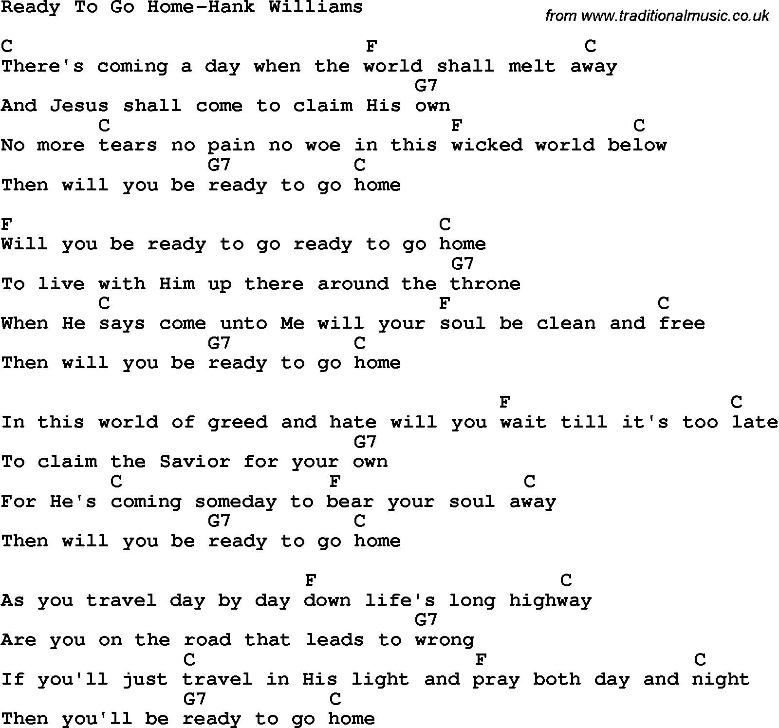Country, Southern and Bluegrass Gospel Song Ready To Go Home-Hank Williams lyrics and chords