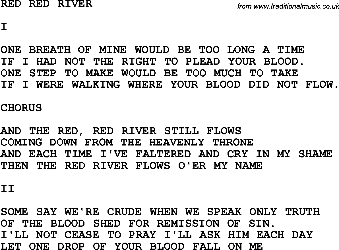 Country, Southern and Bluegrass Gospel Song Red Red River lyrics 