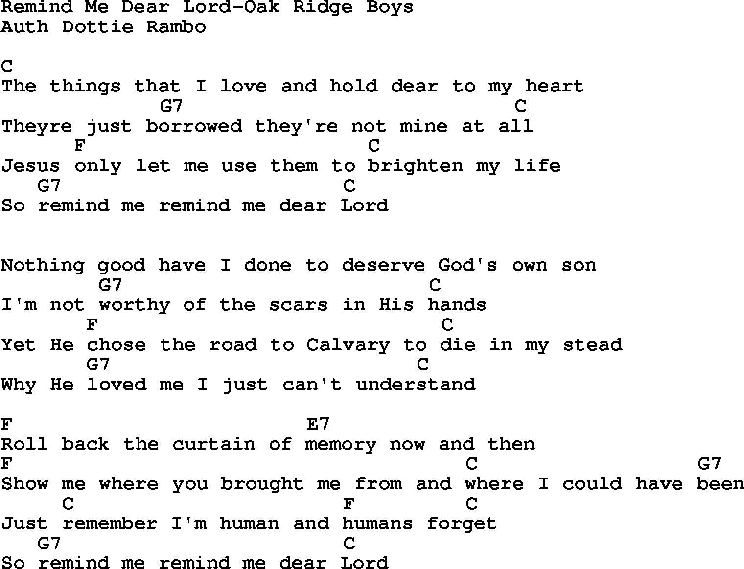 Country, Southern and Bluegrass Gospel Song Remind Me Dear Lord-Oak Ridge Boys lyrics and chords