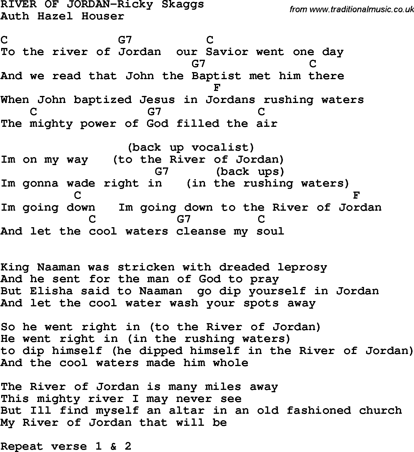 Country, Southern and Bluegrass Gospel Song RIVER OF JORDAN-Ricky Lyrics with chords