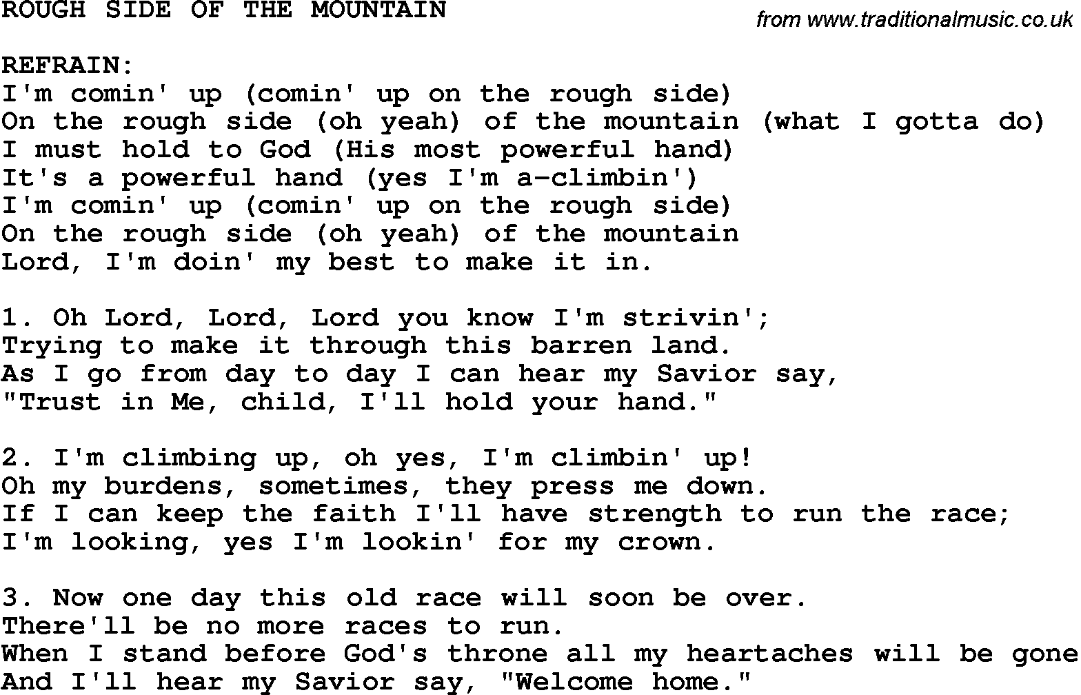 Country, Southern and Bluegrass Gospel Song Rough Side Of The Mountain lyrics 