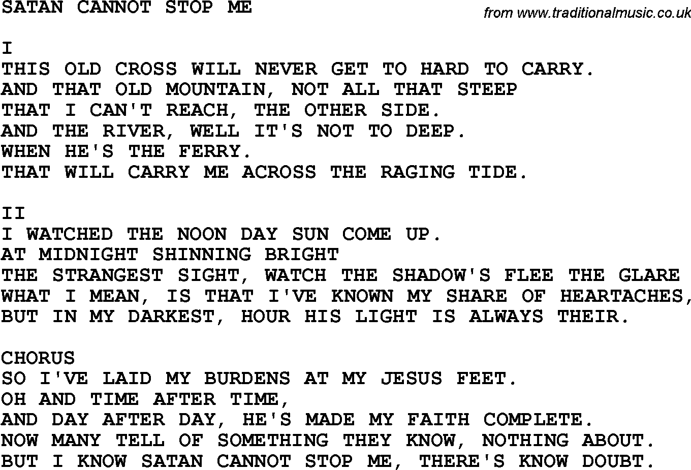Country, Southern and Bluegrass Gospel Song Satan Cannot Stop Me lyrics 