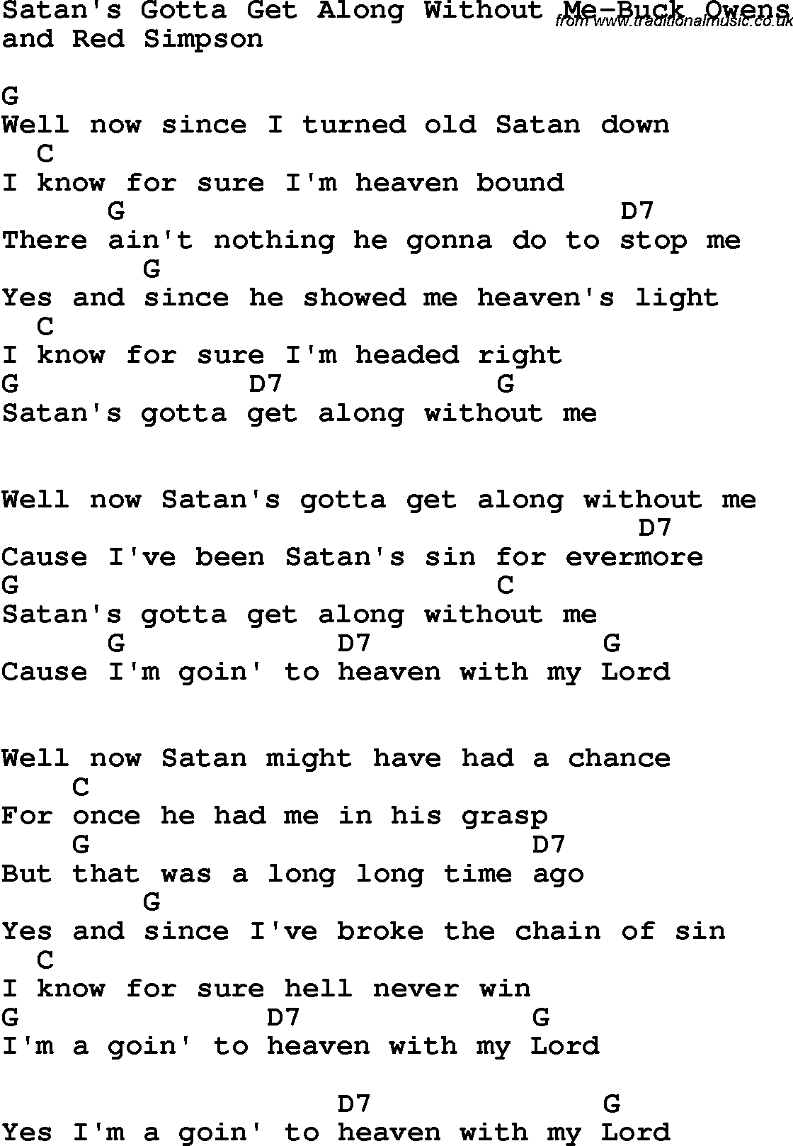 Country, Southern and Bluegrass Gospel Song Satan's Gotta Get Along Without Me-Buck Owens lyrics and chords