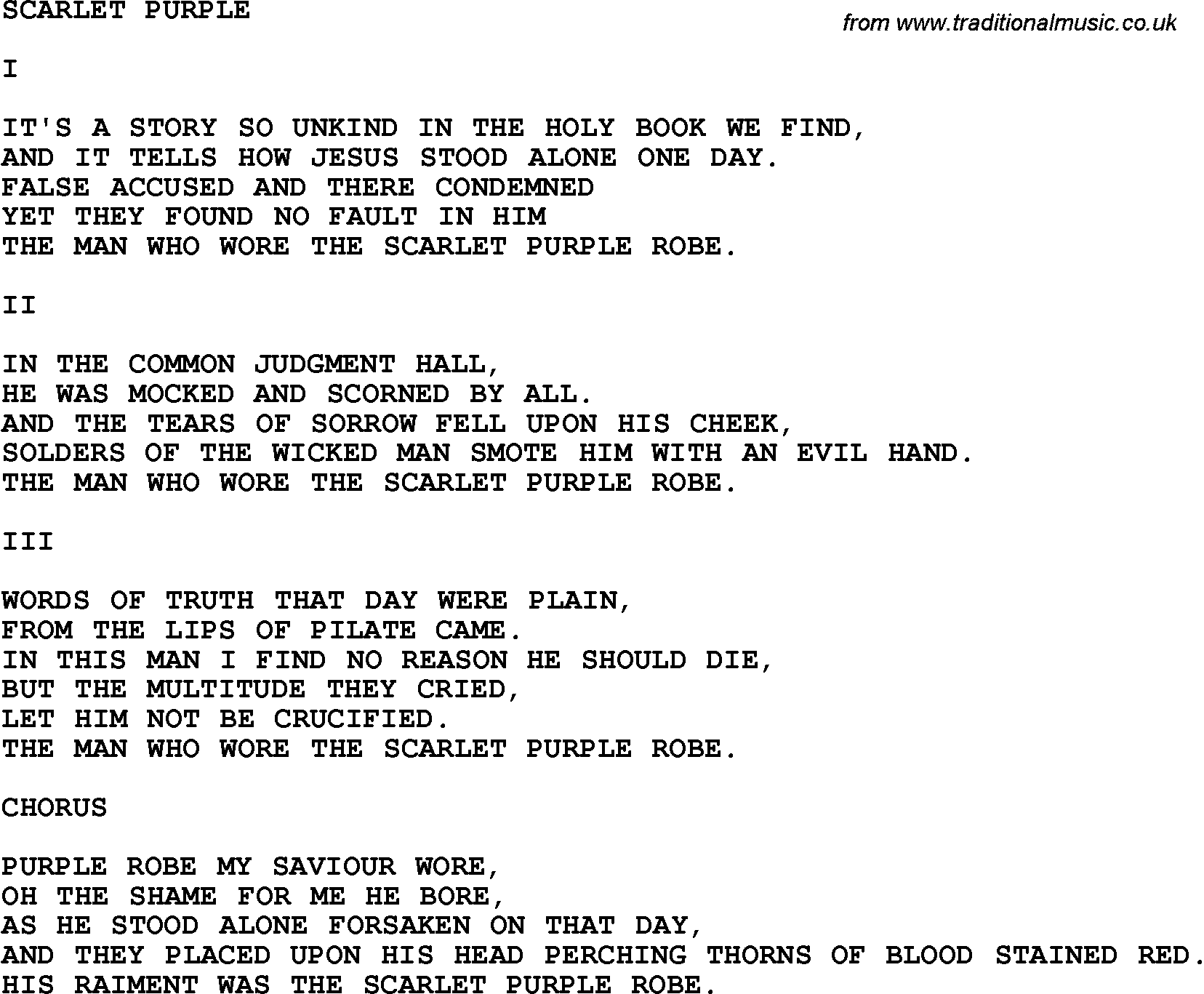 Country, Southern and Bluegrass Gospel Song Scarlet Purple lyrics 