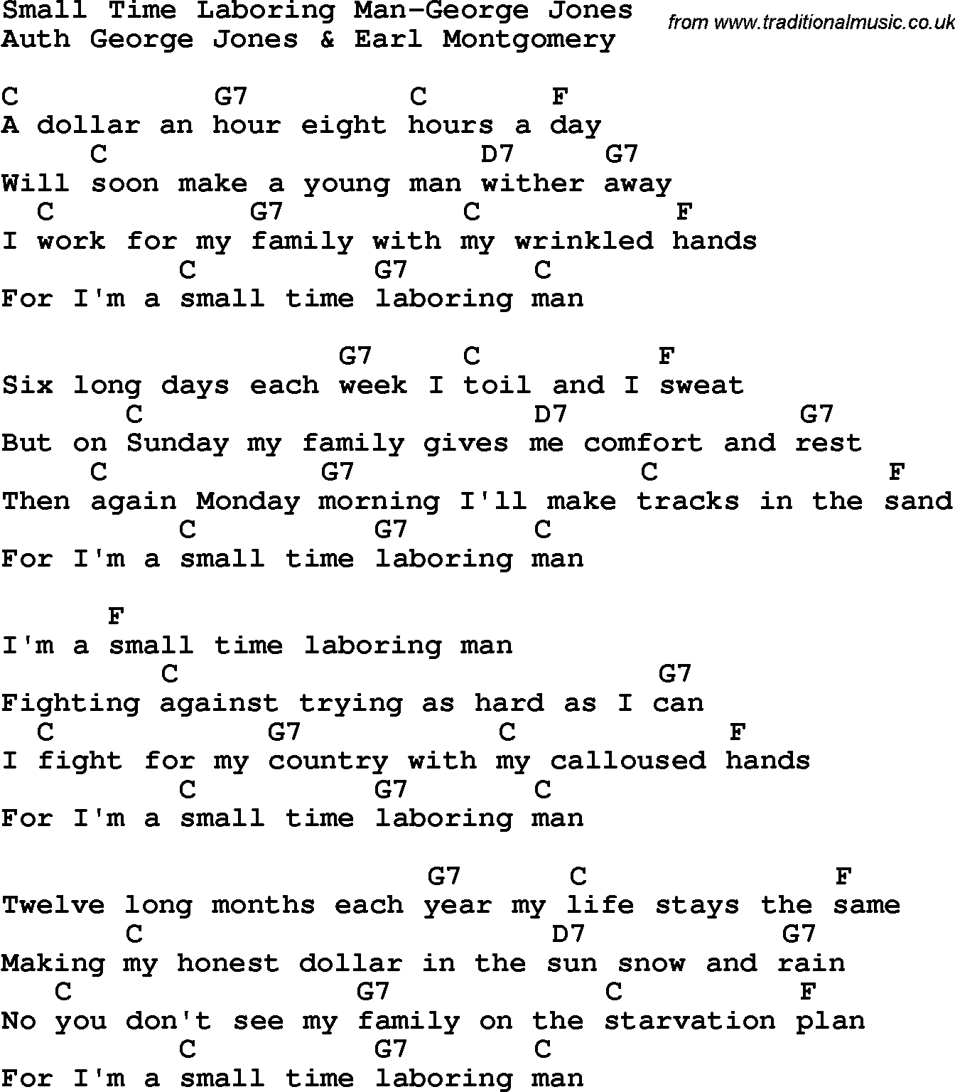 Country, Southern and Bluegrass Gospel Song Small Time Laboring Man-George Jones lyrics and chords