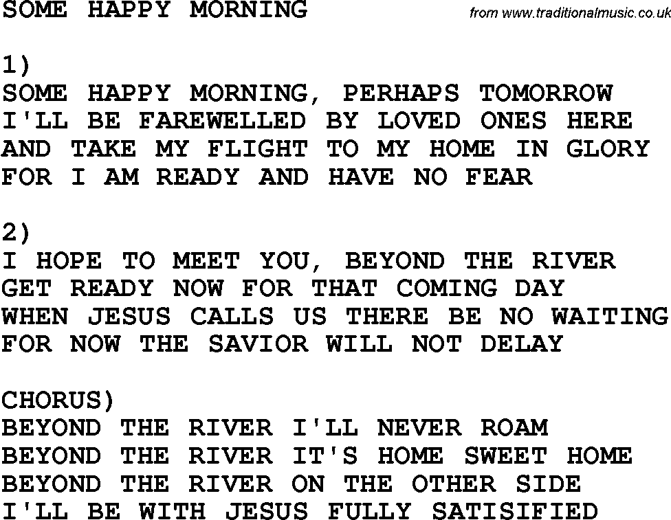 Country, Southern and Bluegrass Gospel Song Some Happy Morning lyrics 