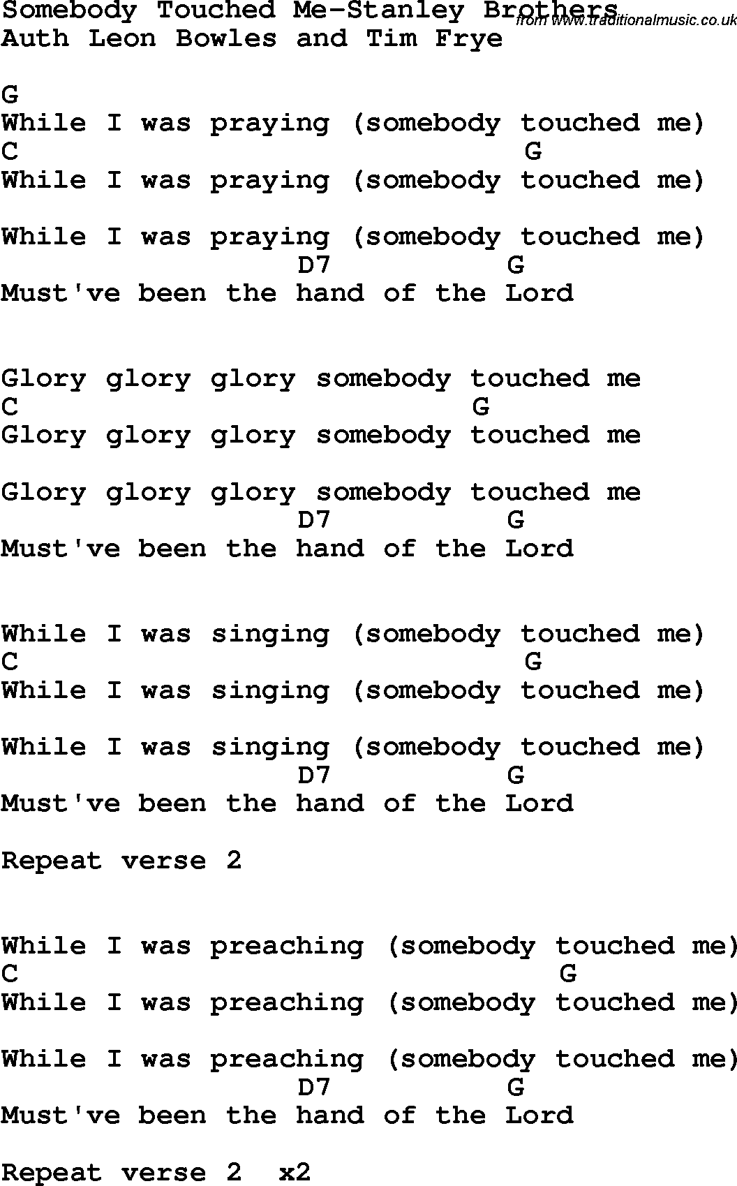 Country, Southern and Bluegrass Gospel Song Somebody Touched Me-Stanley Brothers lyrics and chords
