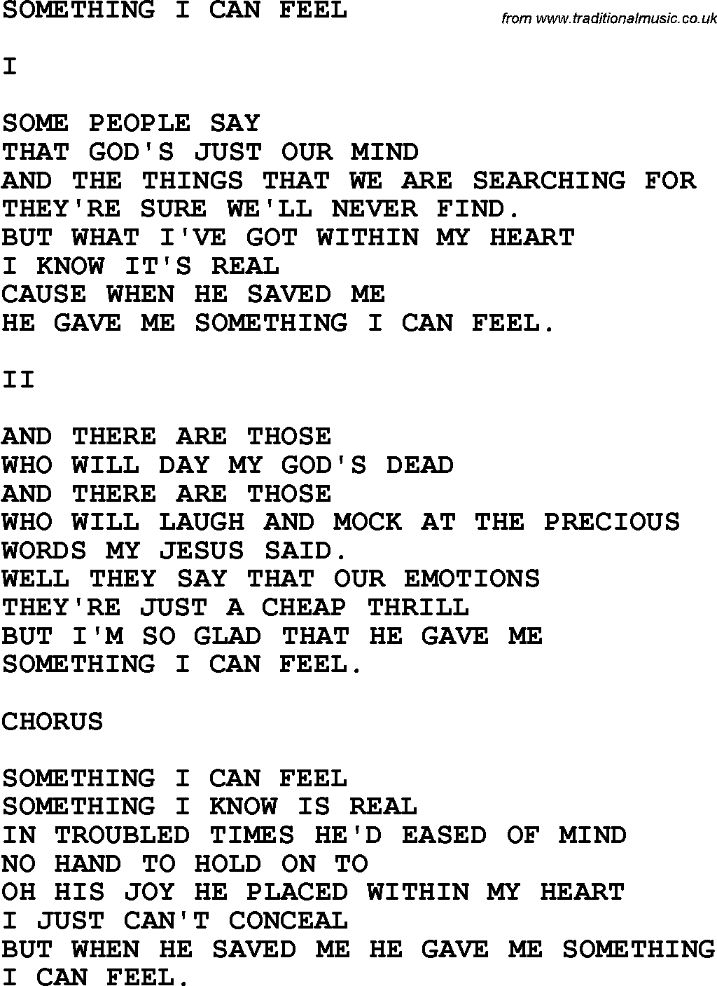 Country, Southern and Bluegrass Gospel Song Something I Can Feel lyrics 