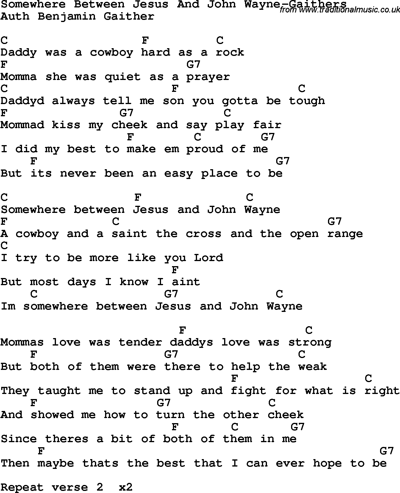 Country, Southern and Bluegrass Gospel Song Somewhere Between Jesus And John Wayne-Gaithers lyrics and chords
