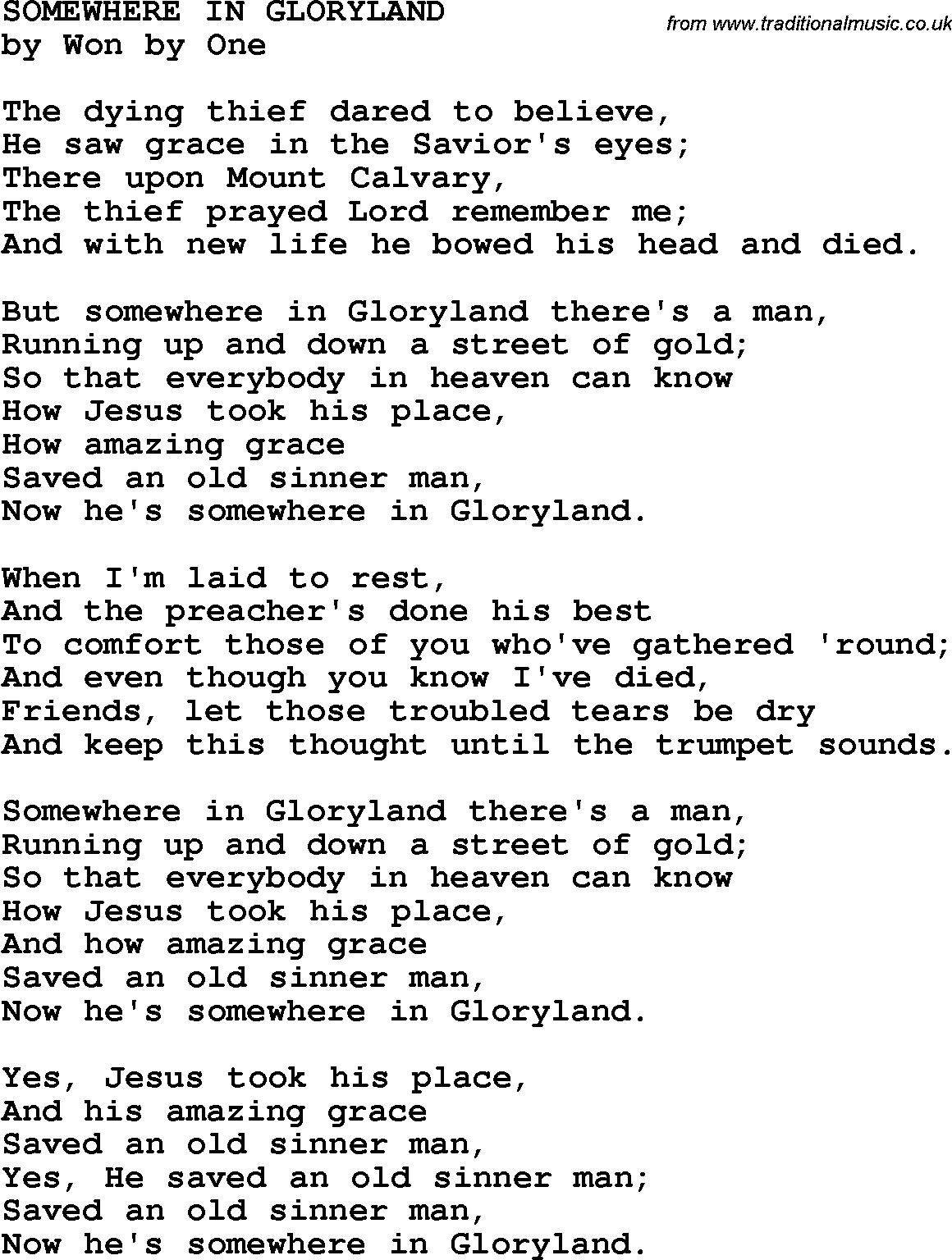 Country, Southern and Bluegrass Gospel Song Somewhere In Gloryland lyrics 