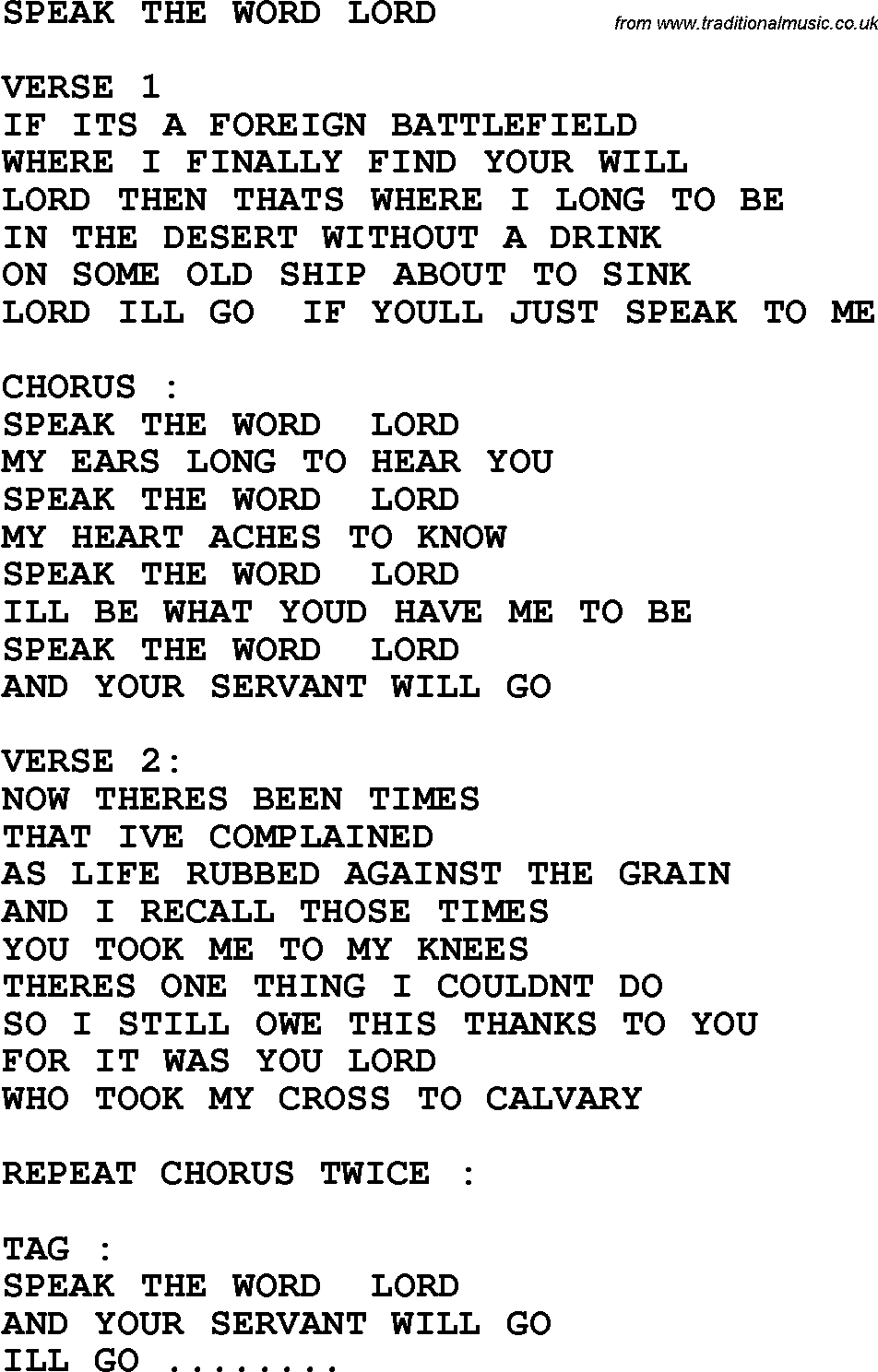 Country, Southern and Bluegrass Gospel Song Speak The Word Lord lyrics 