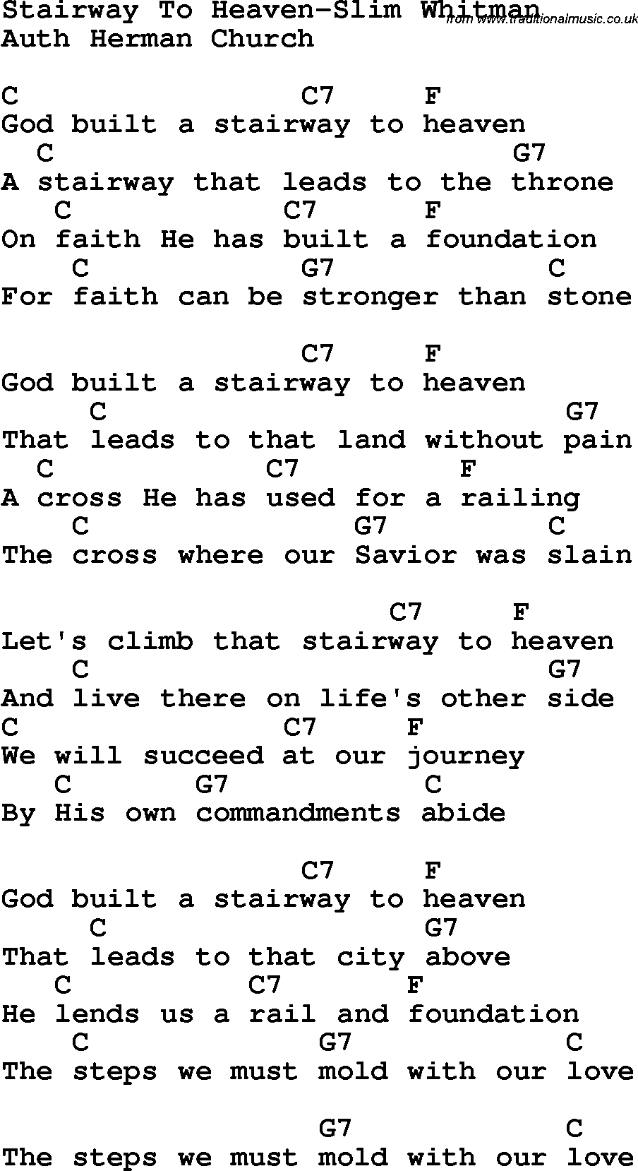Country, Southern and Bluegrass Gospel Song Stairway To Heaven-Slim Whitman lyrics and chords