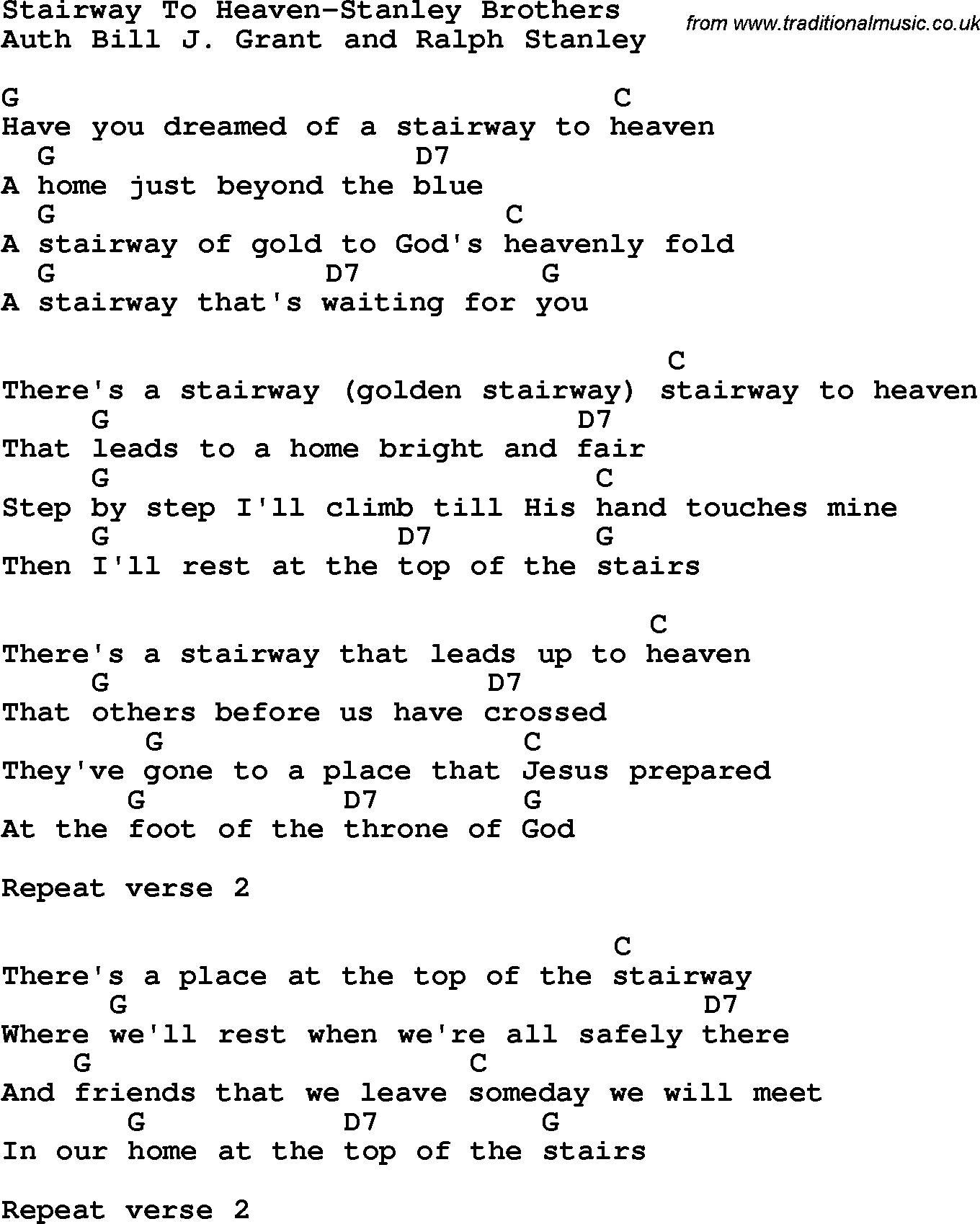 Country, Southern and Bluegrass Gospel Song Stairway To Heaven-Stanley Brothers lyrics and chords