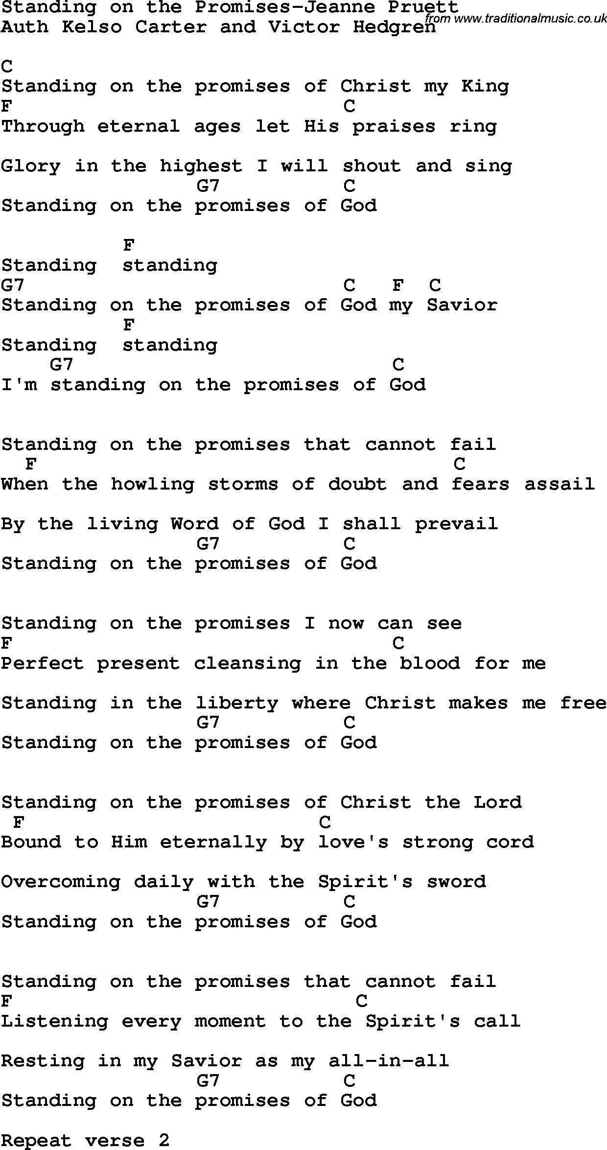 Country, Southern and Bluegrass Gospel Song Standing on the Promises-Jeanne Pruett lyrics and chords