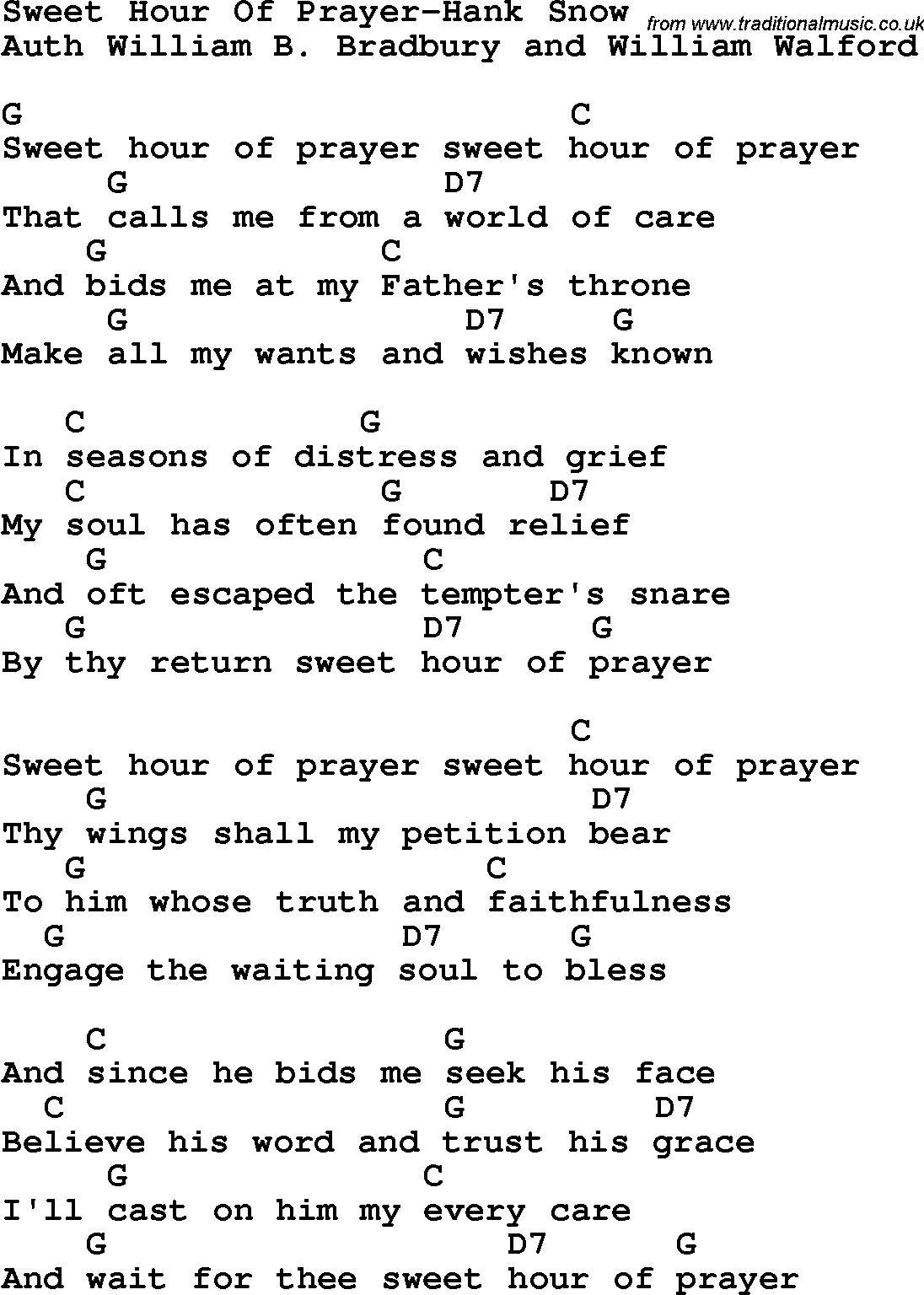 Country, Southern and Bluegrass Gospel Song Sweet Hour Of Prayer-Hank Snow lyrics and chords