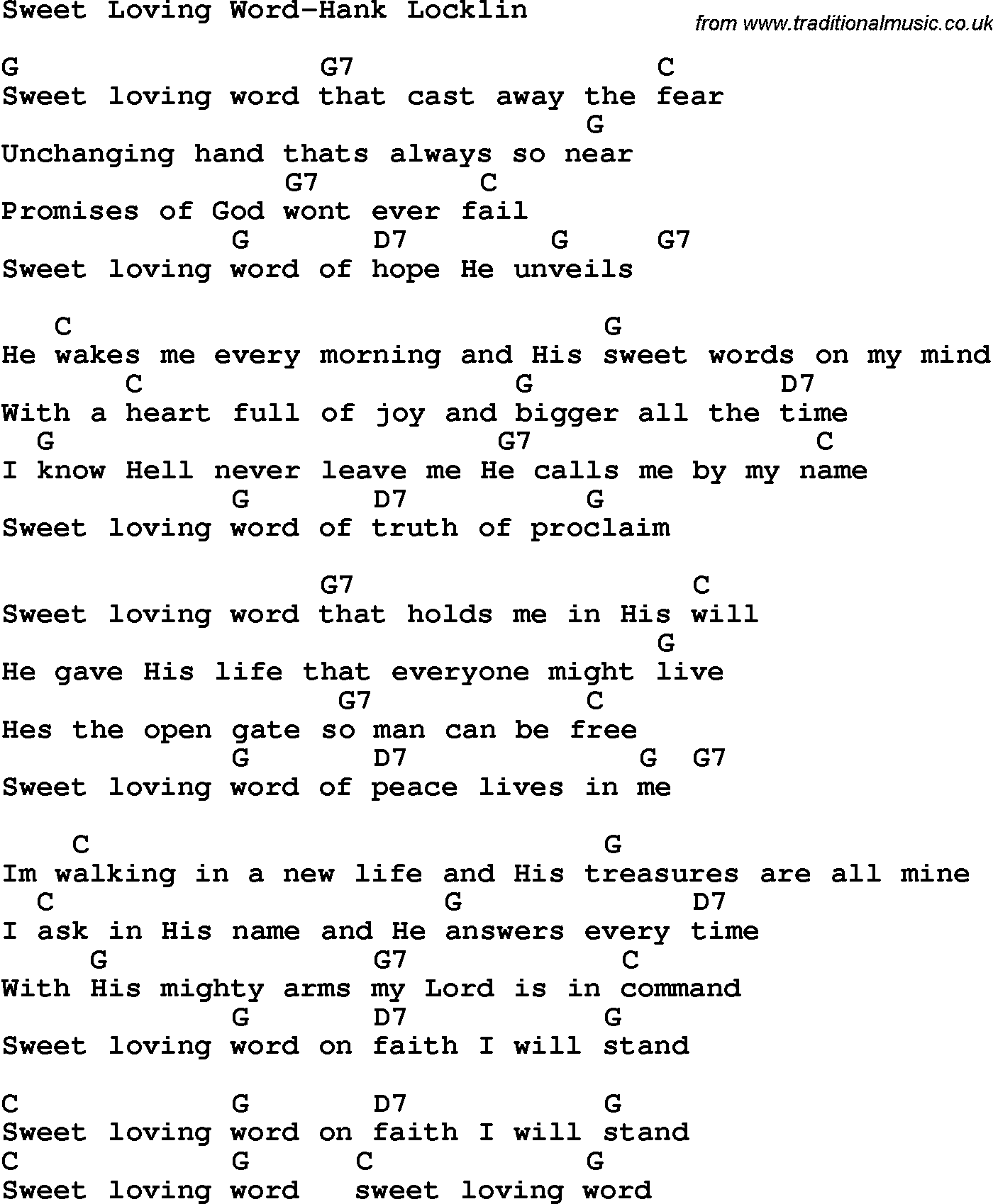 Country, Southern and Bluegrass Gospel Song Sweet Loving Word-Hank Locklin lyrics and chords