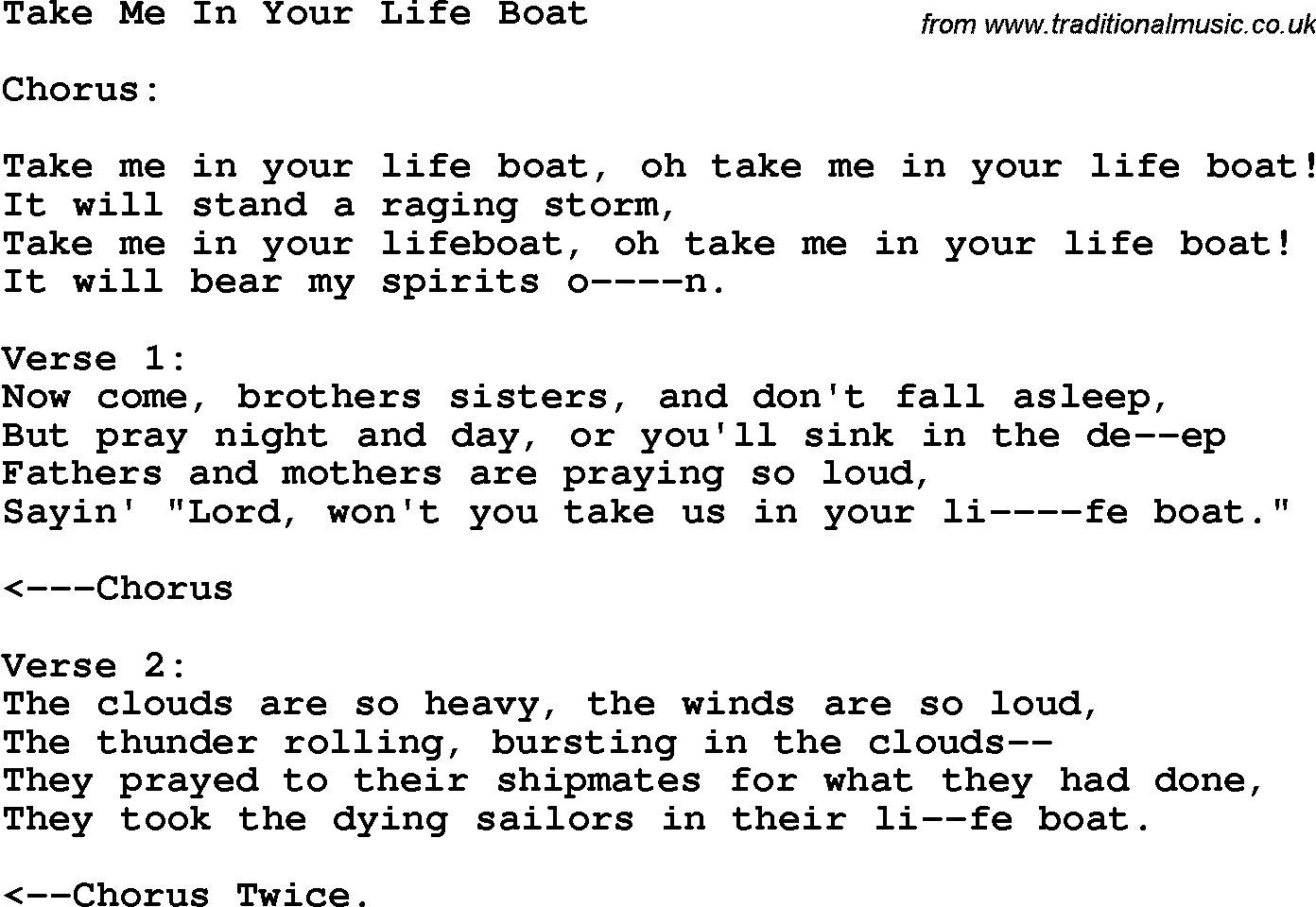 Country, Southern and Bluegrass Gospel Song Take Me In Your Life Boat lyrics 