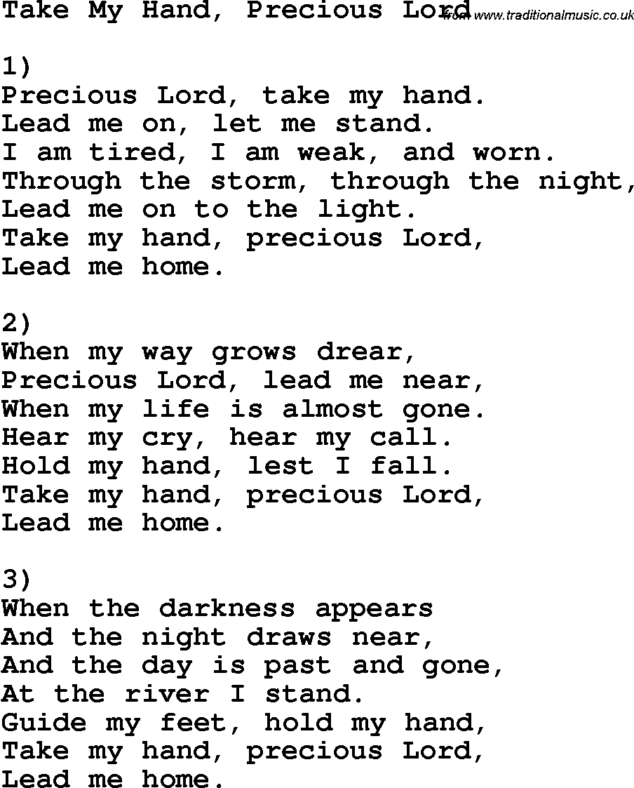 Country, Southern and Bluegrass Gospel Song Take My Hand, Precious Lord lyrics 
