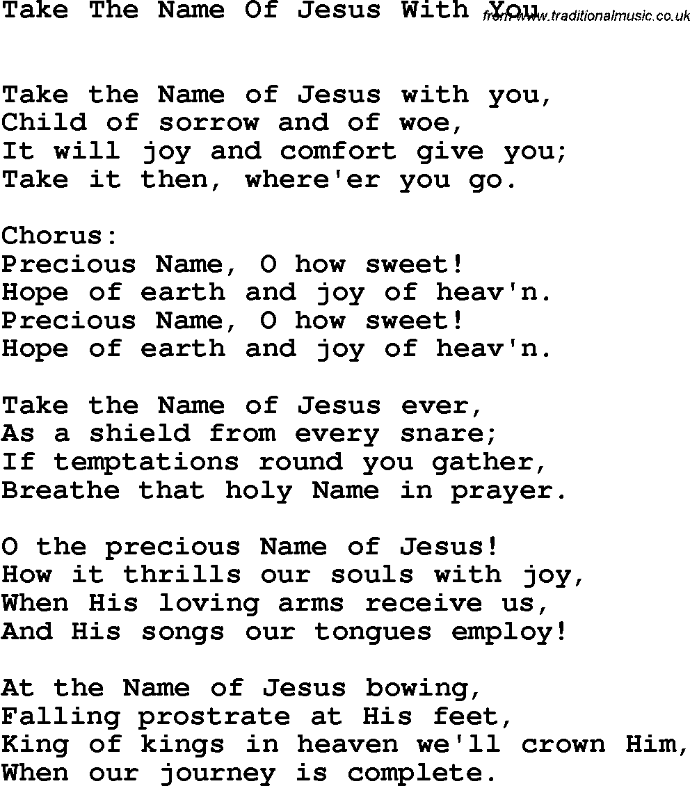 Country, Southern and Bluegrass Gospel Song Take The Name Of Jesus With You lyrics 