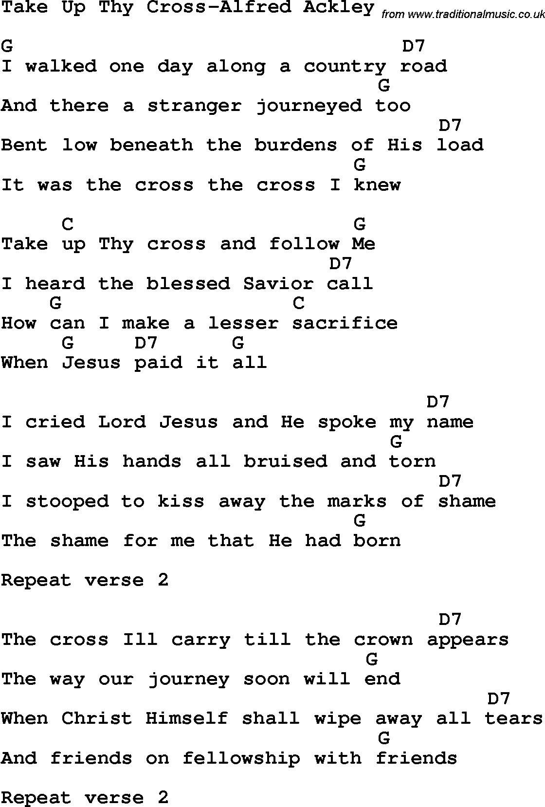 Country, Southern and Bluegrass Gospel Song Take Up Thy Cross-Alfred Ackley lyrics and chords