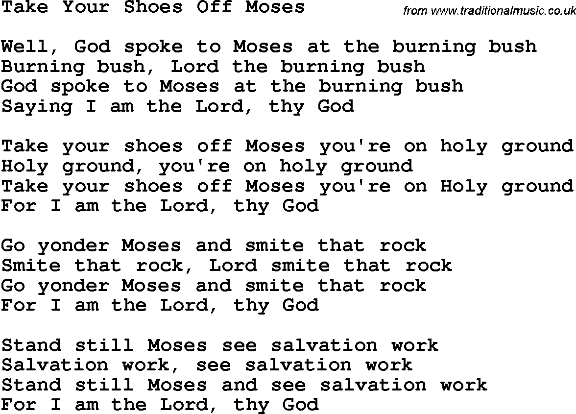 Country, Southern and Bluegrass Gospel Song Take Your Shoes Off Moses lyrics 