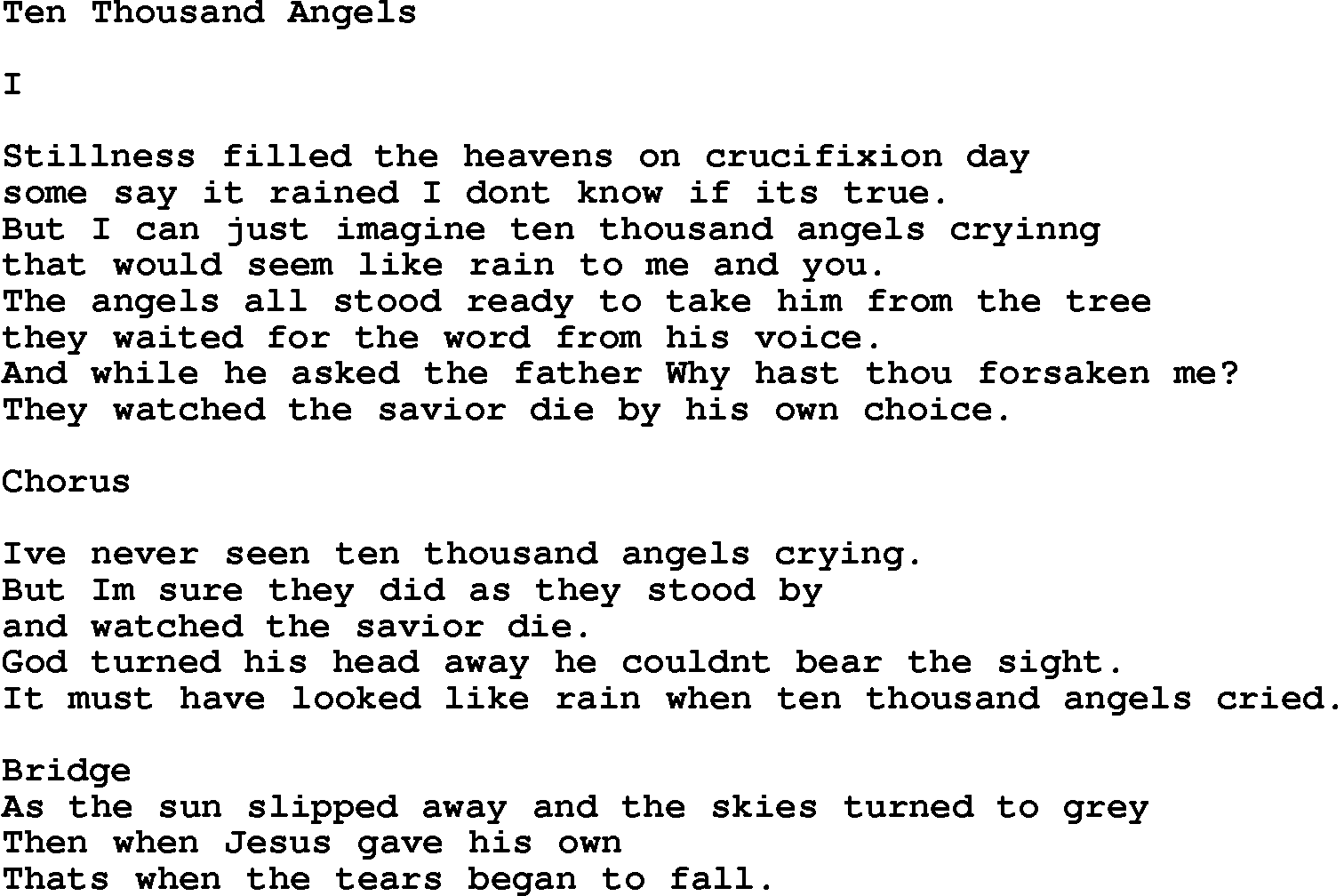 Country, Southern and Bluegrass Gospel Song Ten Thousand Angels lyrics 