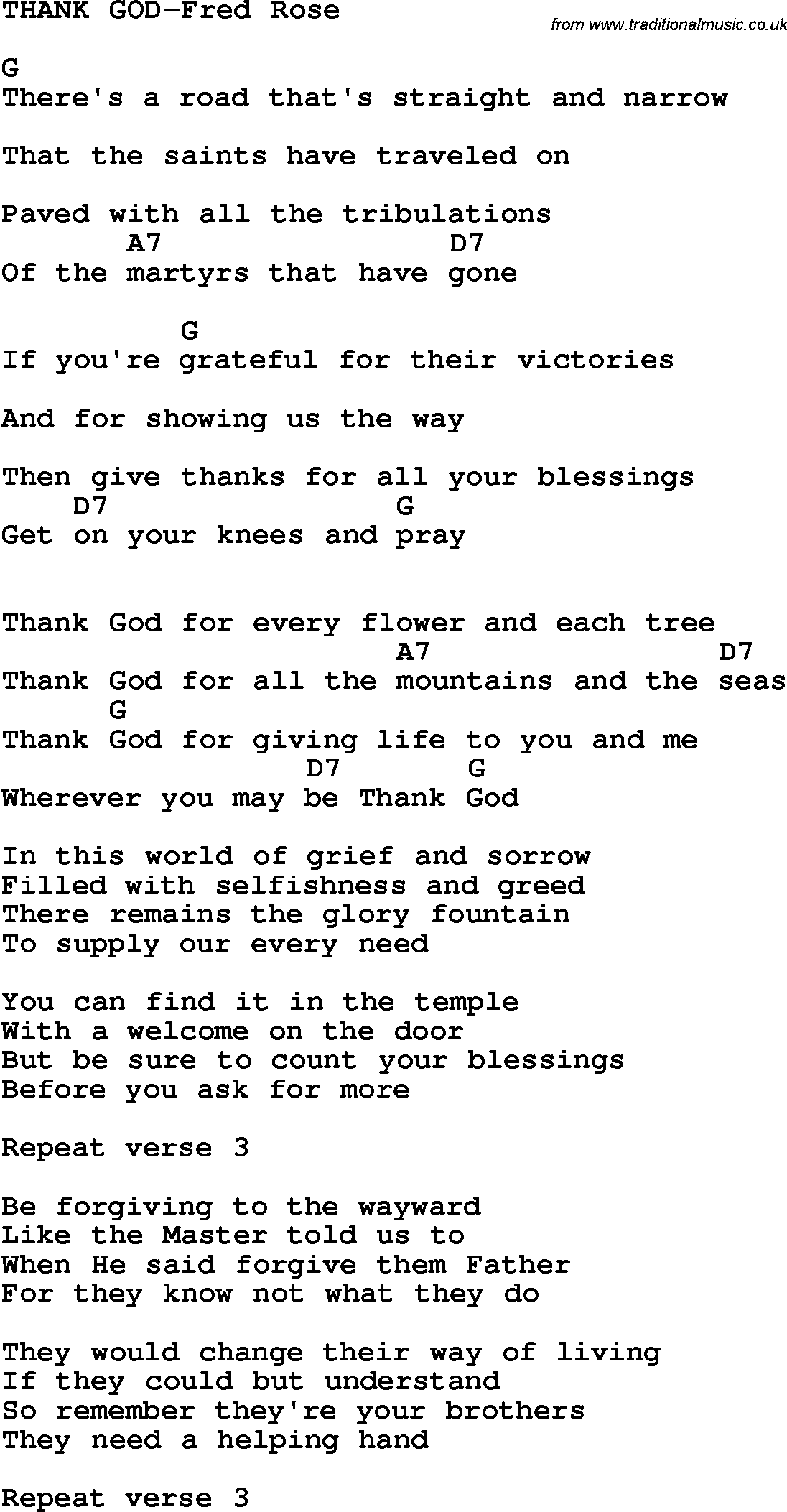 Country, Southern and Bluegrass Gospel Song THANK GOD-Fred Rose lyrics and chords