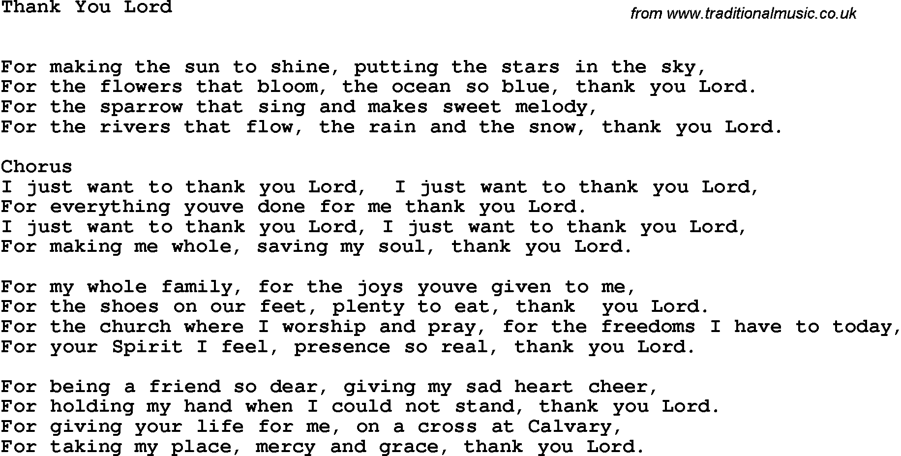 Country Southern And Bluegrass Gospel Song Thank You Lord Lyrics