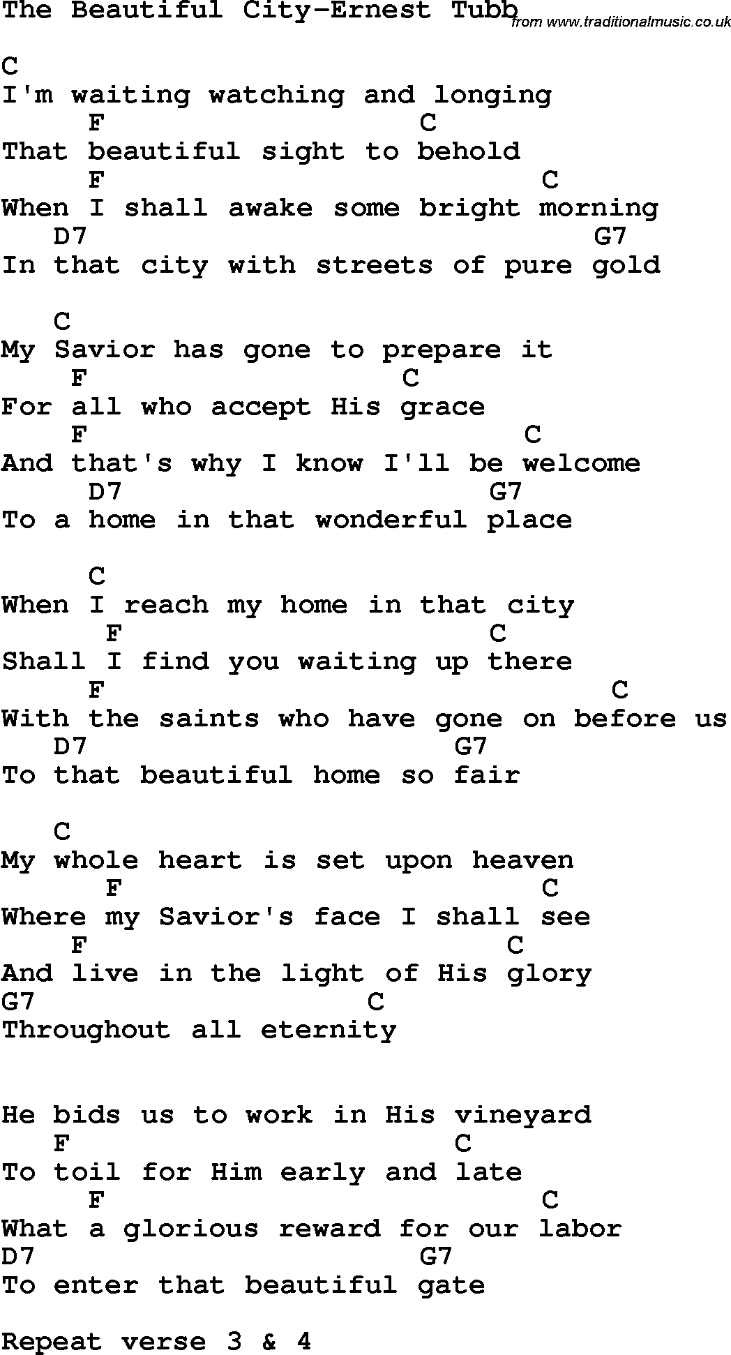 Country, Southern and Bluegrass Gospel Song The Beautiful City-Ernest Tubb lyrics and chords