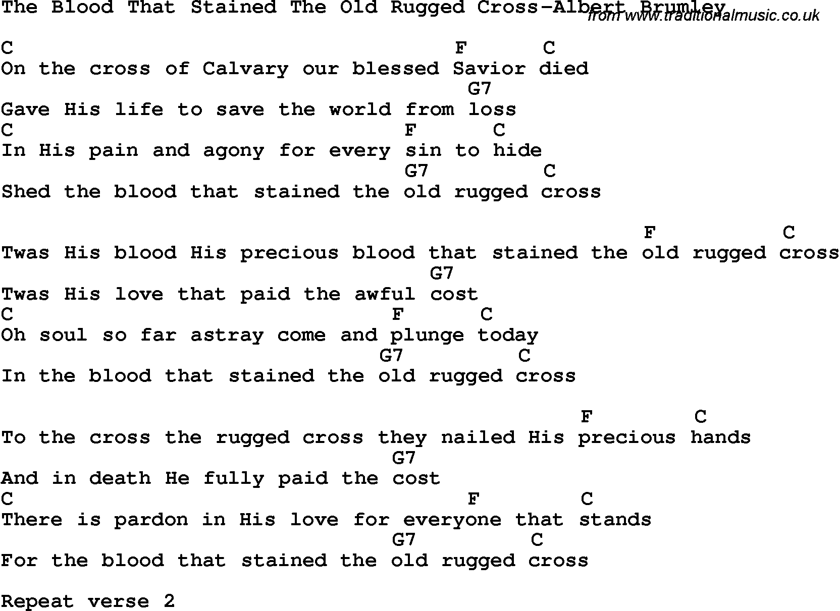 Country, Southern and Bluegrass Gospel Song The Blood That Stained The Old Rugged Cross-Albert Brumley lyrics and chords