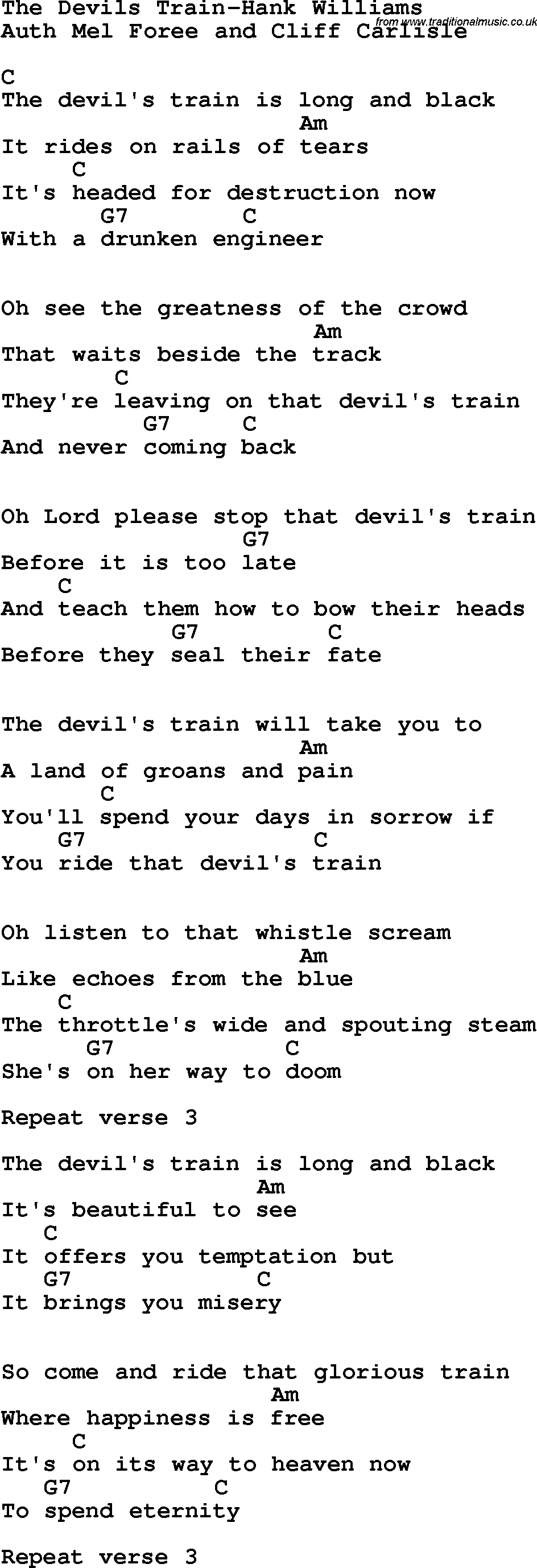 Country, Southern and Bluegrass Gospel Song The Devil’s Train-Hank Williams lyrics and chords
