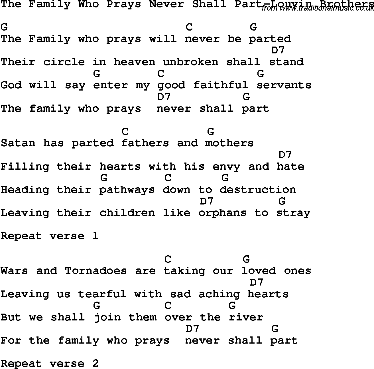 Country, Southern and Bluegrass Gospel Song The Family Who Prays Never Shall Part-Louvin Brothers lyrics and chords