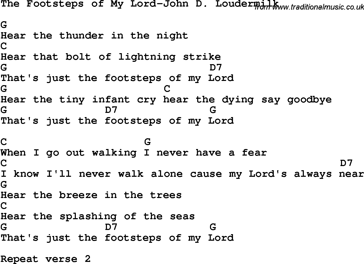 Country, Southern and Bluegrass Gospel Song The Footsteps of My Lord-John D Loudermilk lyrics and chords