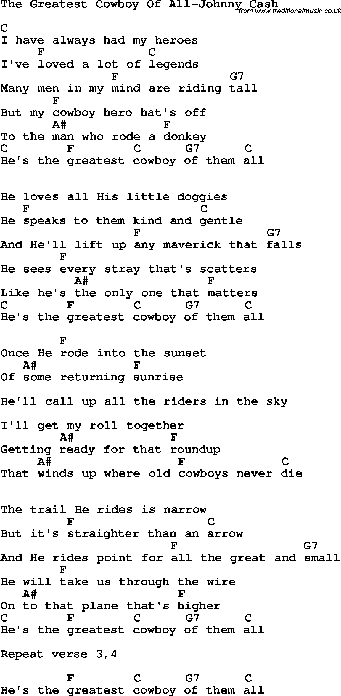 Country, Southern and Bluegrass Gospel Song The Greatest Cowboy Of All-Johnny Cash lyrics and chords