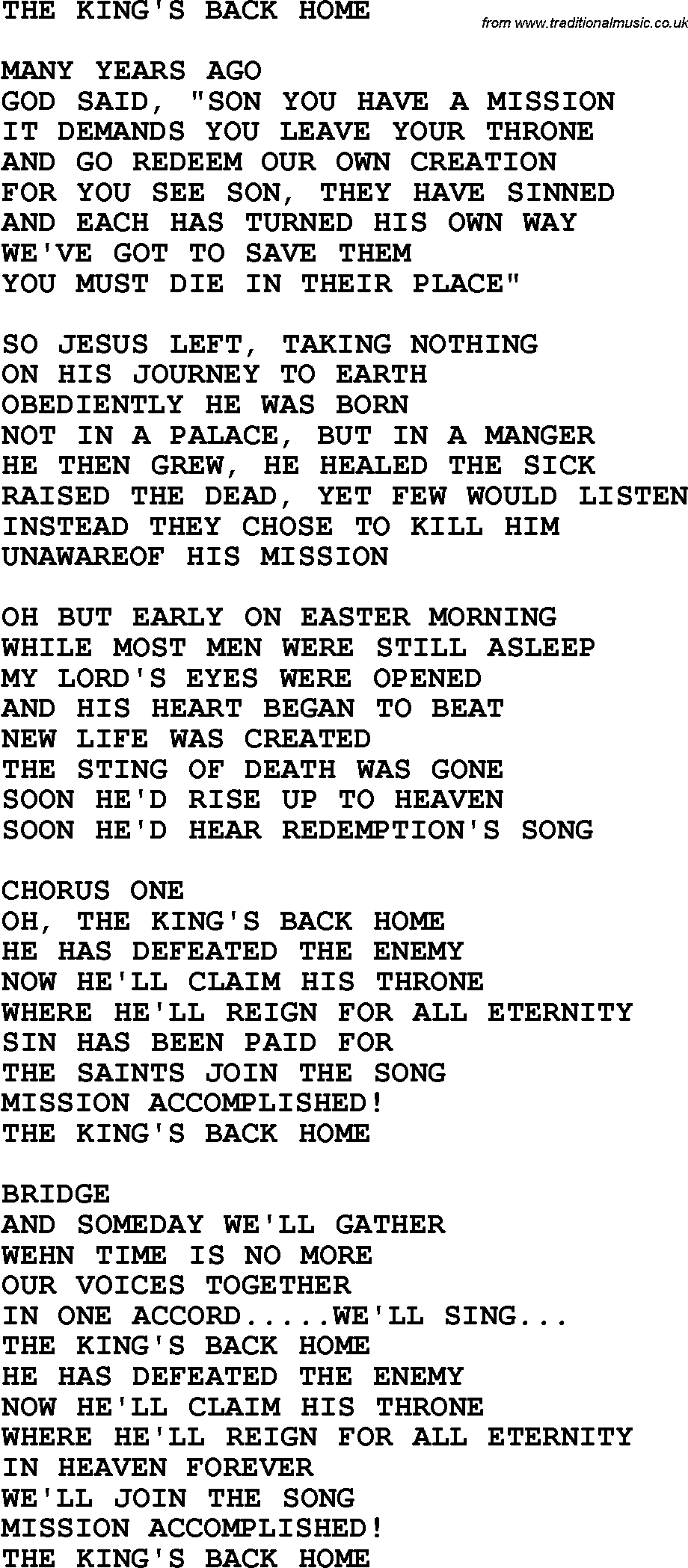 Country, Southern and Bluegrass Gospel Song The King's Back Home lyrics 