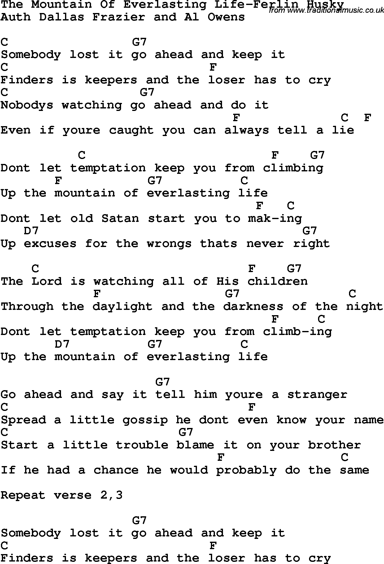Country, Southern and Bluegrass Gospel Song The Mountain Of Everlasting Life-Ferlin Husky lyrics and chords