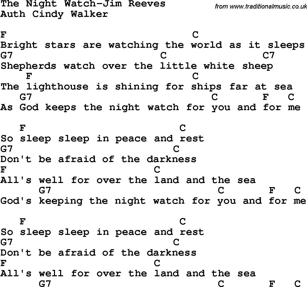 Country, Southern and Bluegrass Gospel Song The Night Watch-Jim Reeves lyrics and chords