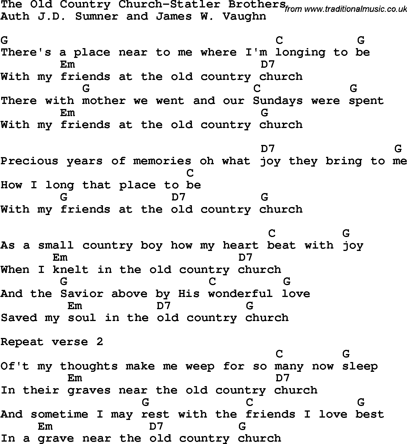 Country, Southern And Bluegrass Gospel Song The Old Country Church-Statler Brothers Lyrics With Chords
